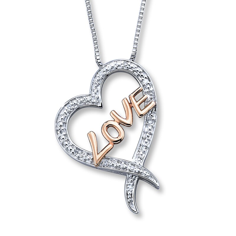 Main Image 1 of Previously Owned "Love" Heart Necklace 1/20 ct tw 10K Rose Gold 18" & Sterling Silver
