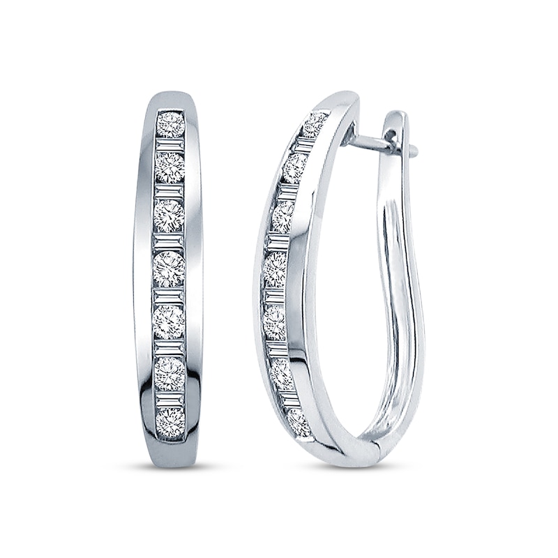 Previously Owned Diamond Hoop Earrings 1 ct tw Baguette-cut and Round 14K White Gold