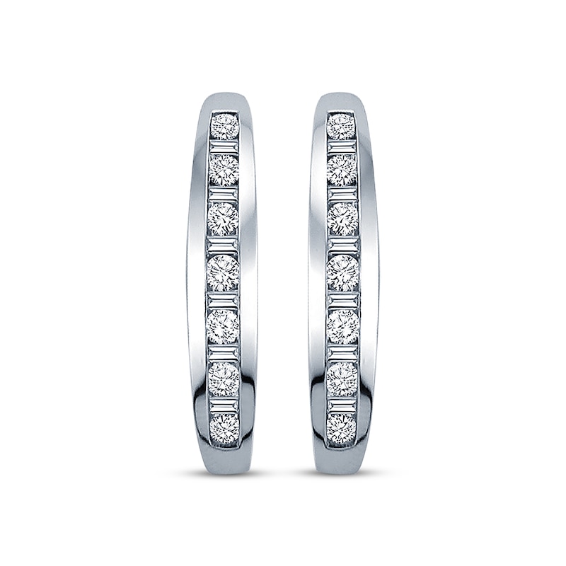 Previously Owned Diamond Hoop Earrings 1 ct tw Baguette-cut and Round 14K White Gold