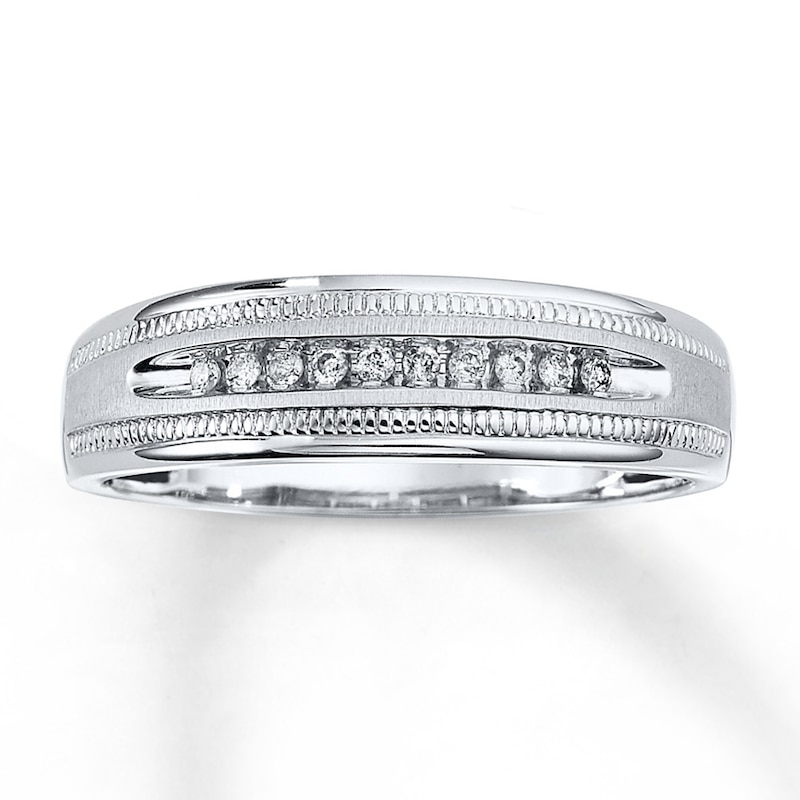 Main Image 1 of Previously Owned Men's Diamond Wedding Band 1/10 ct tw Round-cut 10K White Gold