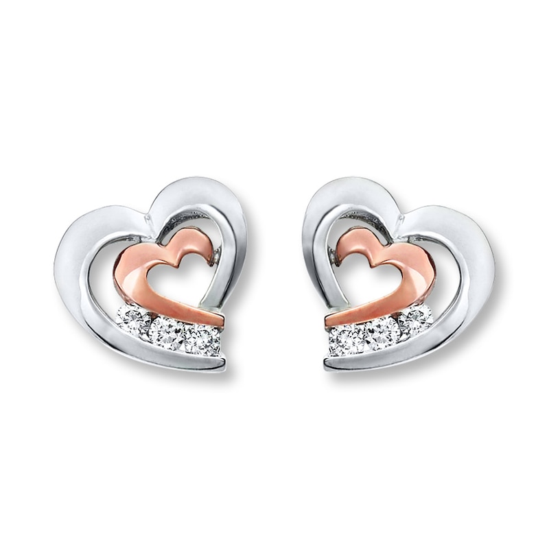 Main Image 1 of Previously Owned Diamond Heart Earrings 1/8 ct tw Round-cut 10K Two-tone Gold