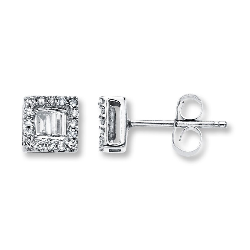 Main Image 1 of Previously Owned Diamond Earrings 1/5 ct tw Round & Baguette 10K White Gold