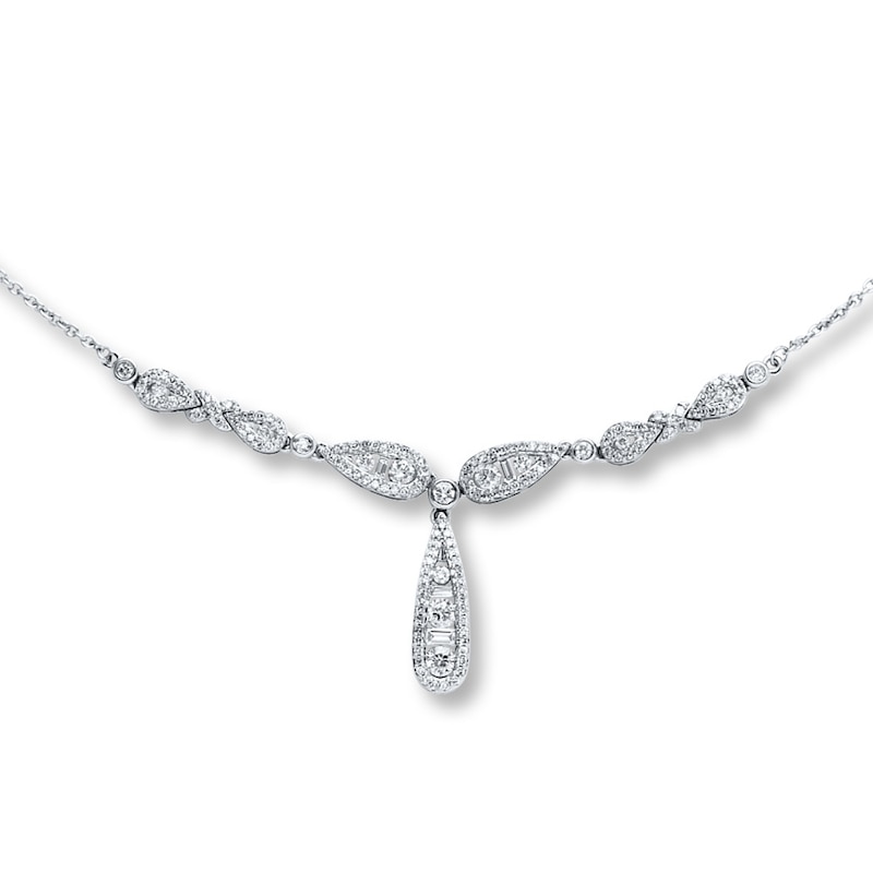Main Image 1 of Previously Owned Diamond Necklace 1-1/3 ct tw Round & Baguette-Cut 14K White Gold
