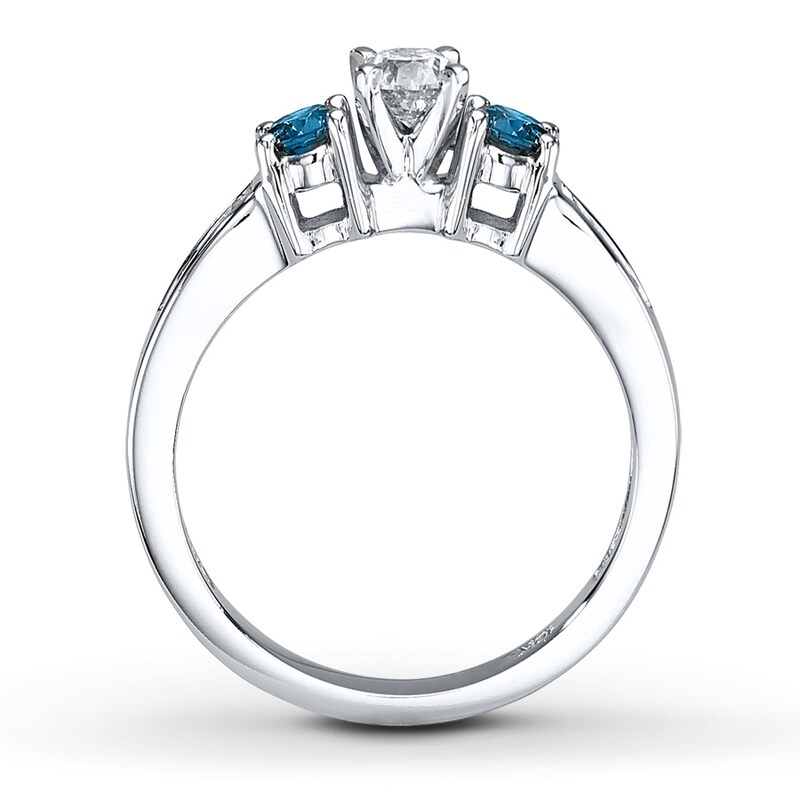 Main Image 2 of Previously Owned Blue/White Diamond Ring 3/4 ct tw Round-cut 10K White Gold