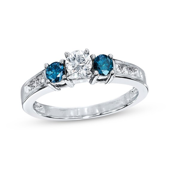 Previously Owned Blue/White Diamond 3-Stone Engagement Ring 3/4 ct tw Round-cut 10K White Gold
