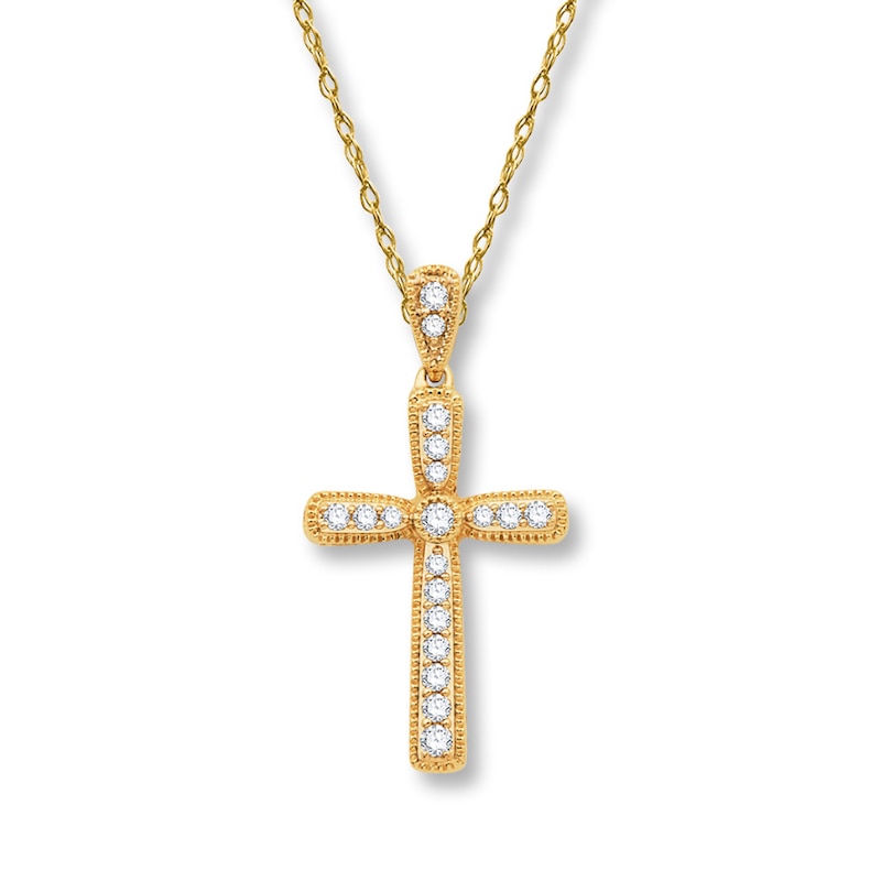 Main Image 1 of Previously Owned Diamond Cross Necklace 1/5 ct tw Round-cut 10K Yellow Gold
