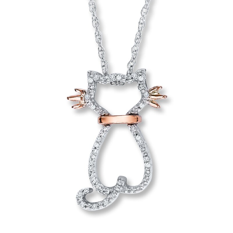 Main Image 1 of Previously Owned Cat Necklace 1/15 ct tw Diamond Sterling Silver & 10K Rose Gold