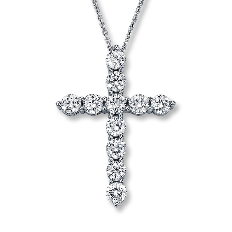 Main Image 1 of Previously Owned Diamond Cross Necklace 2 ct tw Round-cut 14K White Gold