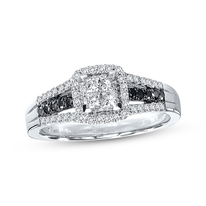 Main Image 1 of Previously Owned Black/White Diamond Engagement Ring 1/2 ct tw Princess & Round-cut 10K White Gold