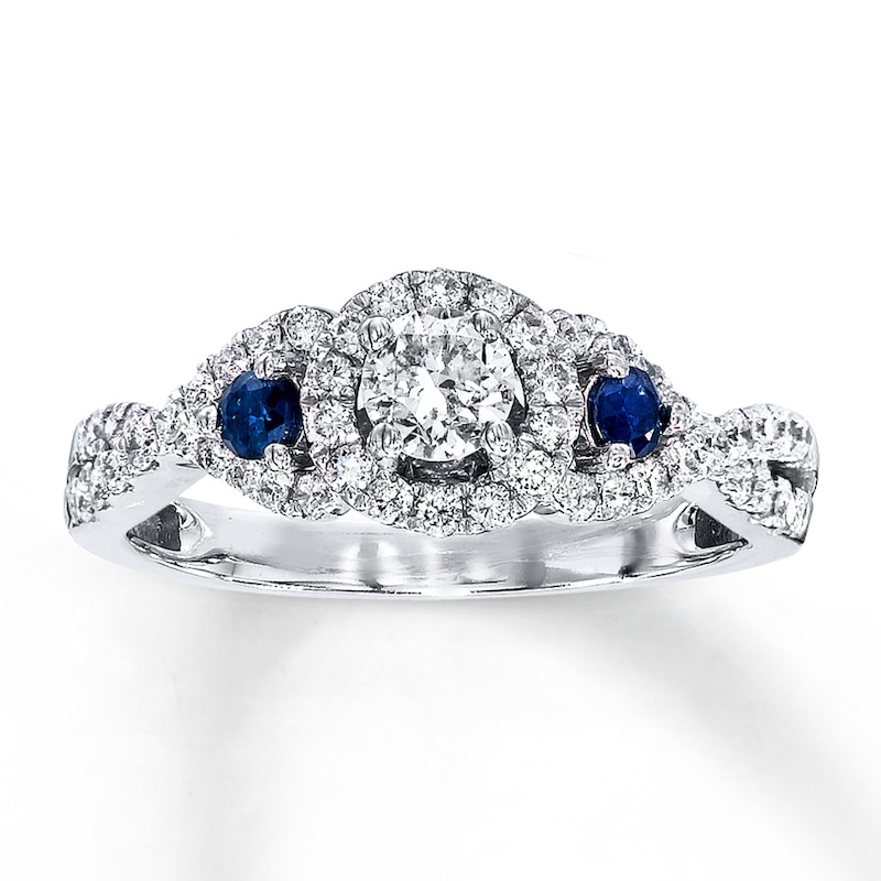 Main Image 1 of Previously Owned Diamond/Sapphire Engagement Ring 3/4 ct tw Round-cut 14K White Gold