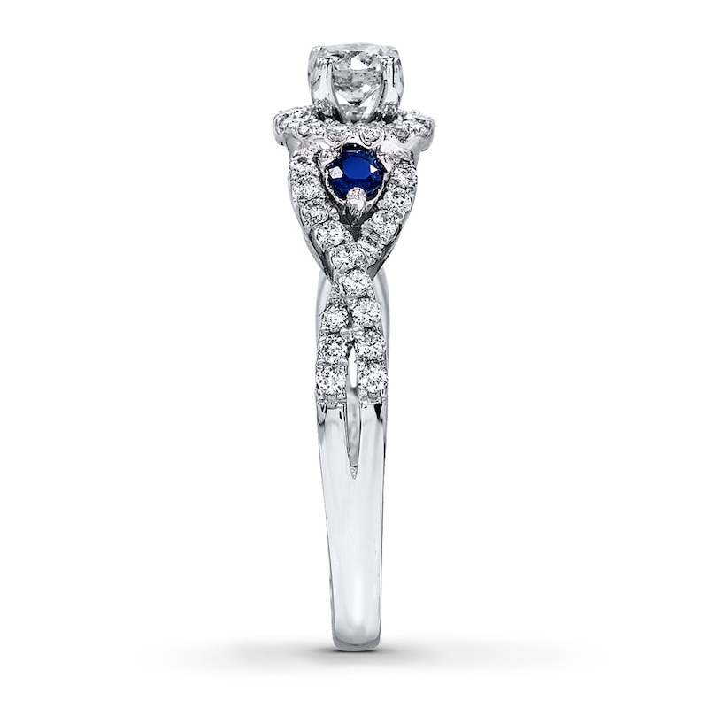 Main Image 3 of Previously Owned Diamond/Sapphire Engagement Ring 3/4 ct tw Round-cut 14K White Gold