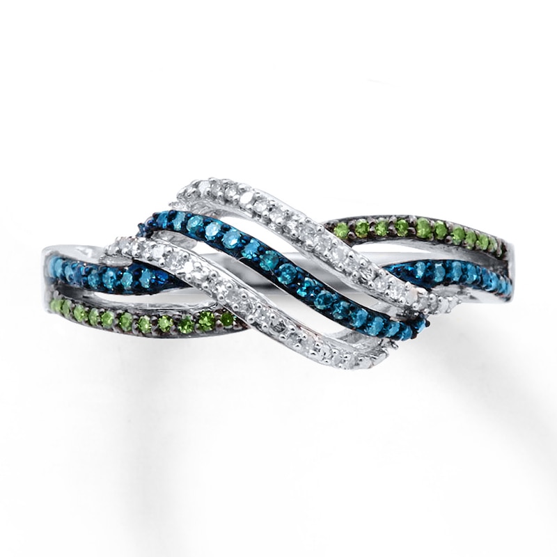 Main Image 1 of Previously Owned White, Blue, and Green Diamond Ring 1/6 ct tw Sterling Silver