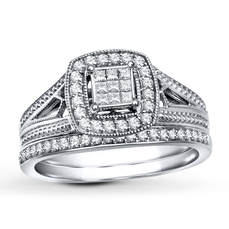 Main Image 1 of Previously Owned Diamond Bridal Set 3/8 ct tw Princess/Round-cut 14K White Gold