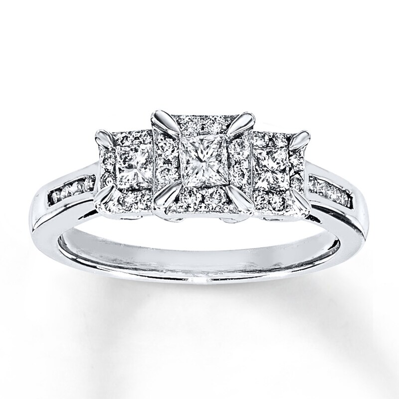 Main Image 1 of Previously Owned Diamond 3-Stone Ring 1/2 ct tw Princess/Round 14K White Gold