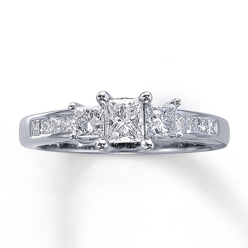 Main Image 1 of Previously Owned Three-Stone Diamond Ring 1 ct tw Princess-cut 14K White Gold