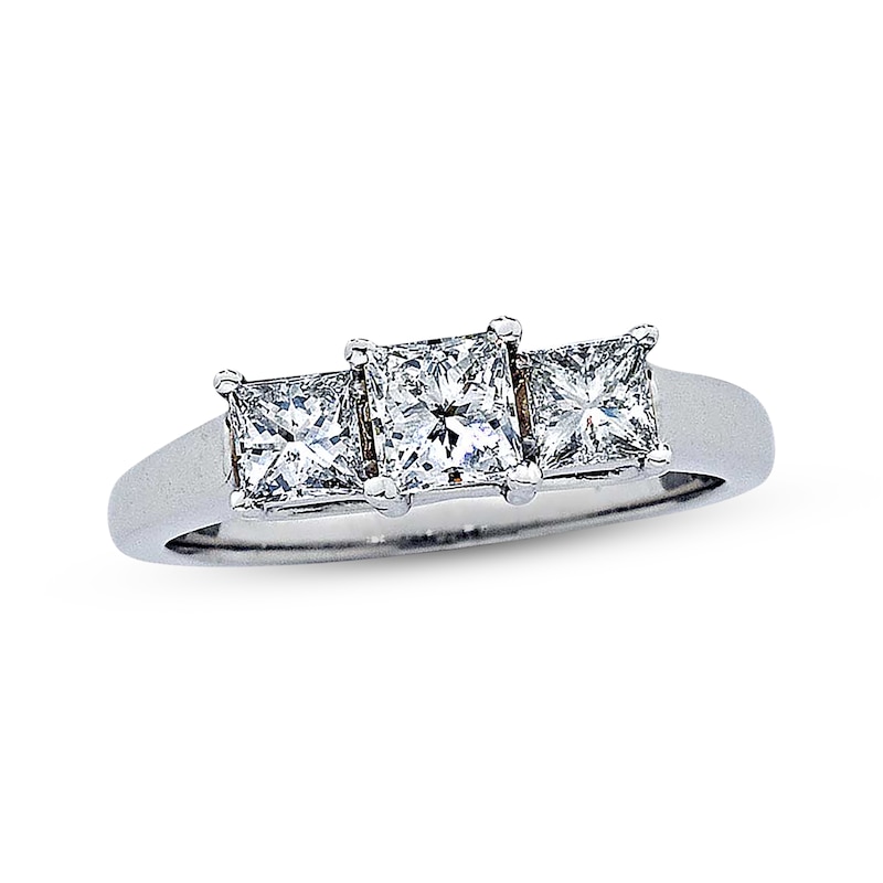 Main Image 1 of Previously Owned Diamond Three-Stone Engagement Ring 1 ct tw Princess-cut 14K White Gold & Platinum