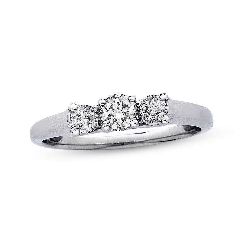 Main Image 1 of Previously Owned Diamond Three-Stone Engagement Ring 1/2 ct tw Round-cut 14K White Gold & Platinum