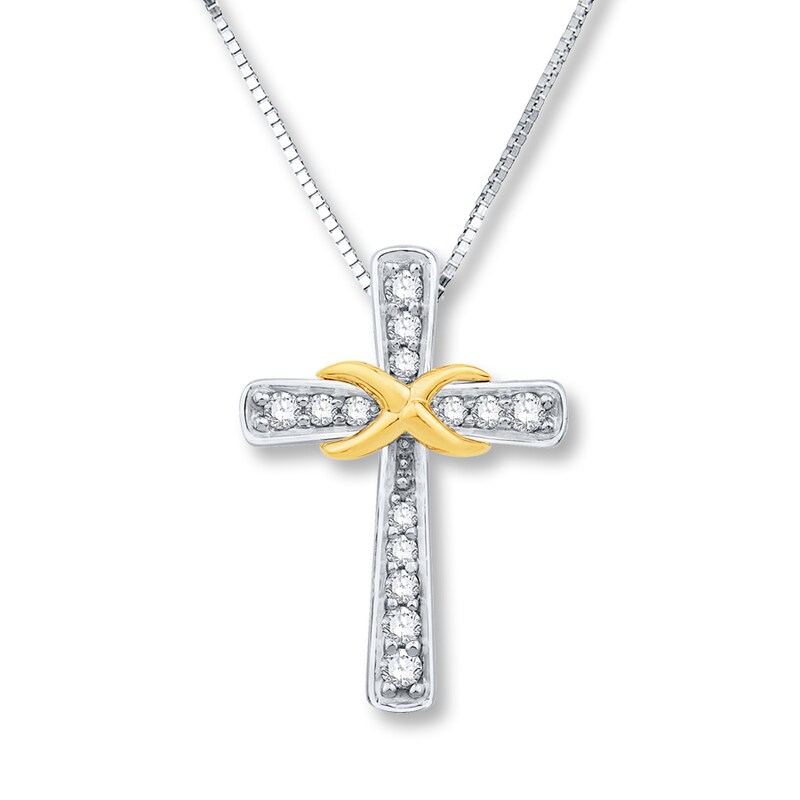 Main Image 1 of Previously Owned Cross Necklace 1/8 ct tw Diamonds Sterling Silver & 10K Yellow Gold