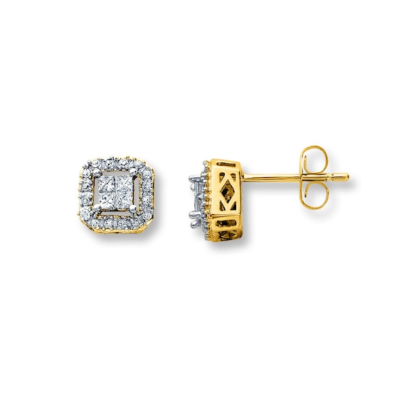 Previously Owned Diamond Earrings 1/4 ct tw Princess & Round 10K Yellow Gold