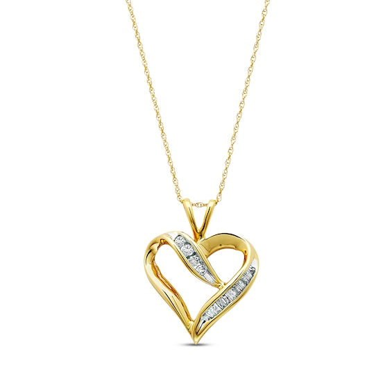 Previously Owned Baguette and Round-Cut Diamond Heart Necklace 1/4 carat tw 10K Yellow Gold