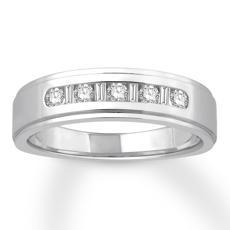 Main Image 1 of Previously Owned Men's Diamond Wedding Band 1/3 ct tw Baguette & Round-cut 14K White Gold