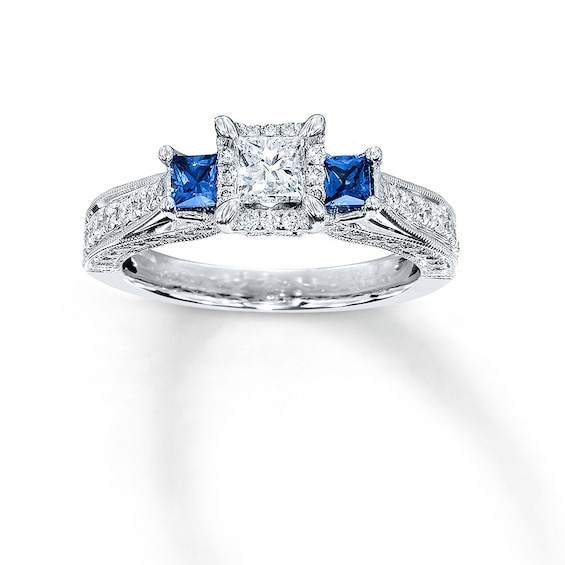 Previously Owned Diamond/Sapphire Ring 1 ct tw Princess & Round-cut 14K White Gold Size 4.5