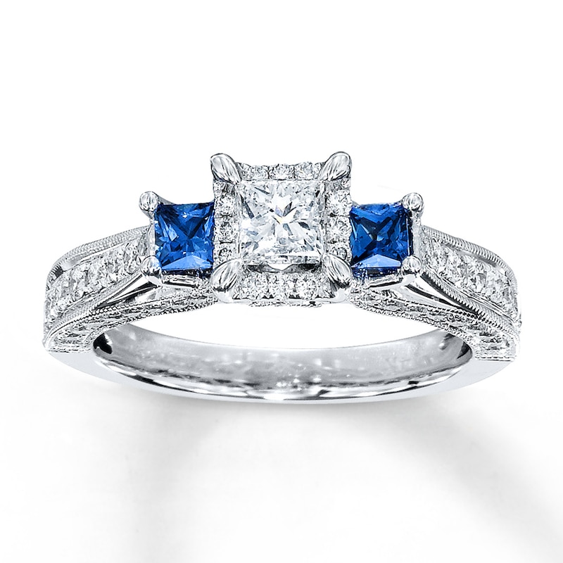 Main Image 1 of Previously Owned Diamond/Sapphire Ring 1 ct tw Princess-cut 14K White Gold - Size 9.5