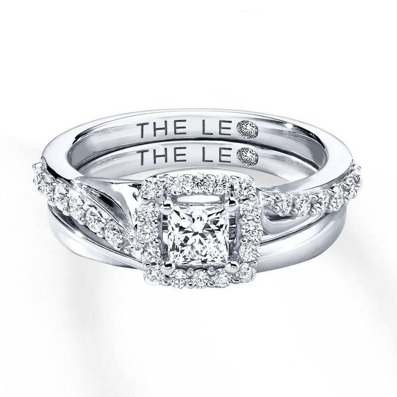 Main Image 3 of Previously Owned Leo Diamond Bridal Set 7/8 ct tw Princess & Round-cut 14K White Gold - Size 5