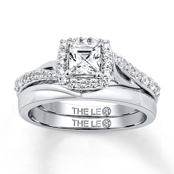 Previously Owned Leo Diamond Bridal Set 7/8 ct tw Princess & Round-cut 14K White Gold