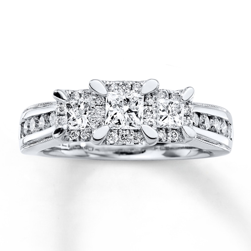 Main Image 1 of Previously Owned Three-Stone Ring 1 ct tw Princess & Round-cut Diamonds 14K White Gold Size 9.5