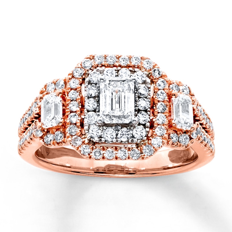 Main Image 1 of Previously Owned Diamond 3-Stone Ring 1-1/2 ct tw Emerald & Round-cut 14K Two-Tone Gold - Size 9.75
