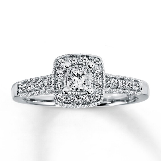 Previously Owned Engagement Ring 1/2 ct tw Princess & Round-cut Diamonds 14K White Gold Size