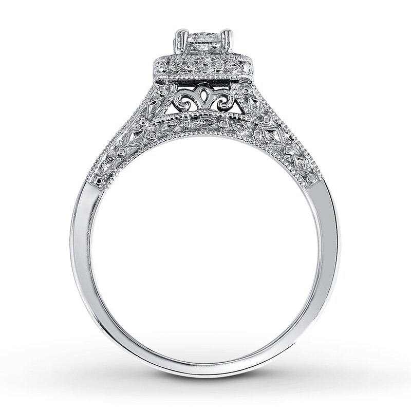 Main Image 2 of Previously Owned Engagement Ring 1/2 ct tw Princess & Round-cut Diamonds 14K White Gold - Size 4.75