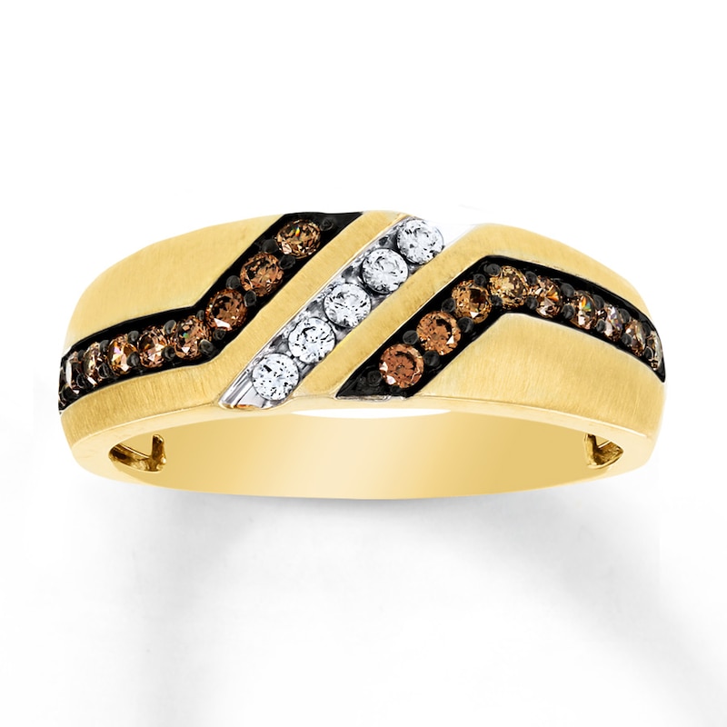 Main Image 1 of Previously Owned Men's Brown & White Diamond Wedding Band 1/2 ct tw Round-cut 10K Yellow Gold