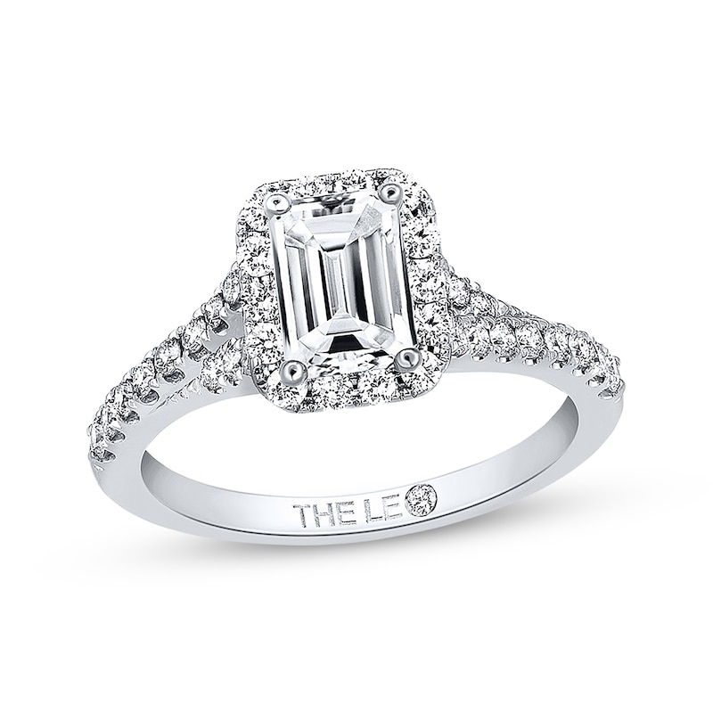 Previously Owned THE LEO Engagement Ring 1 ct tw Emerald & Round-cut Diamonds 14K White Gold
