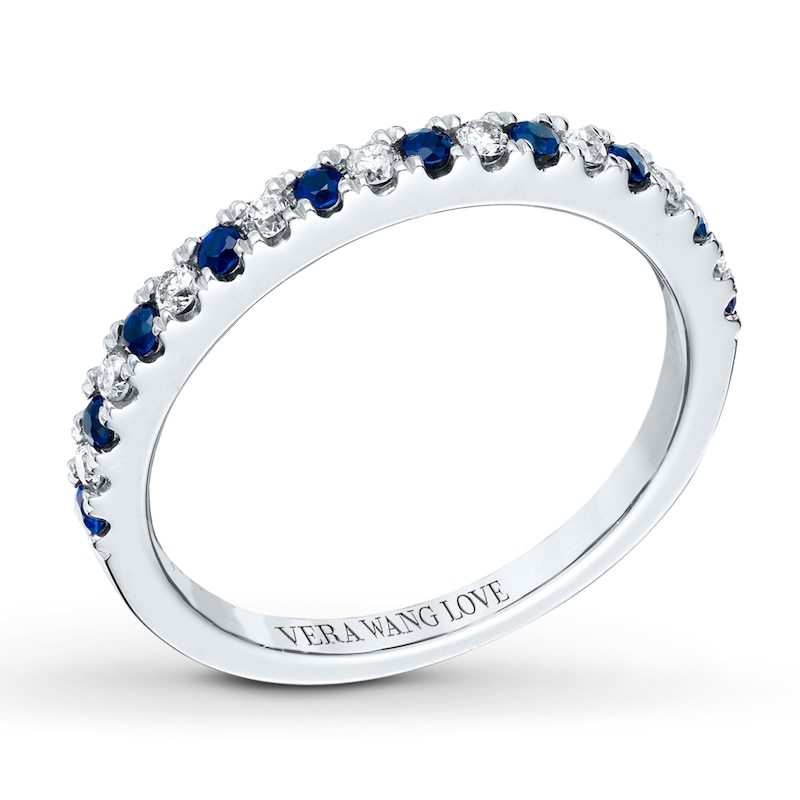 Main Image 3 of Previously Owned Sapphire & Diamond Wedding Band 1/8 ct tw Round-cut 14K White Gold Band