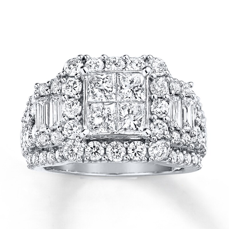 Previously Owned Diamond Engagement Ring 3-1/2 ct tw Princess, Round & Baguette-cut 14K White Gold - Size 9