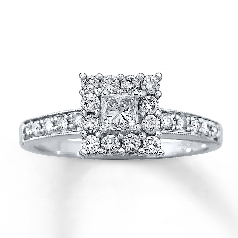Main Image 1 of Previously Owned Engagement Ring 5/8 ct tw Princess & Round-cut Diamonds 14K White Gold Size 10.5