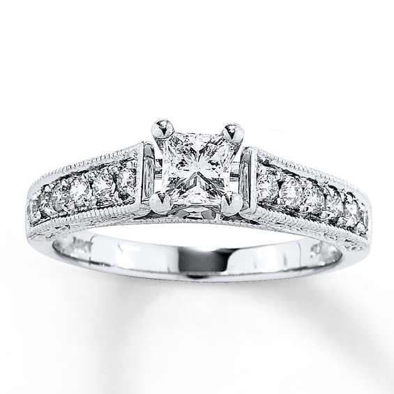 Previously Owned Engagement Ring 3/4 ct tw Princess & Round-cut Diamonds 14K White Gold Size 3.75