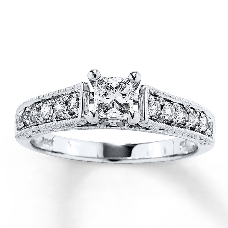 Main Image 1 of Previously Owned Engagement Ring 3/4 ct tw Princess & Round-cut Diamonds 14K White Gold - Size 3.75