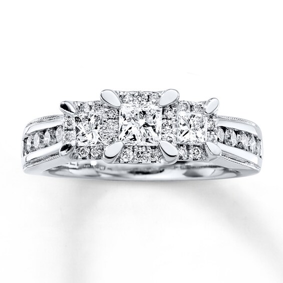 Previously Owned 3-Stone Ring 1 ct tw Princess & Round-cut Diamonds 14K White Gold Size 9.75