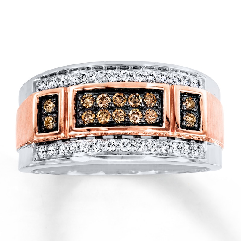 Main Image 1 of Previously Owned Brown/White Diamond Men's Wedding Band 1/2 ct tw Round-cut 10K Two-Tone Gold