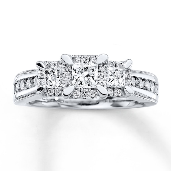 Previously Owned Three-Stone Ring 1 ct tw Princess & Round-cut Diamonds 14K White Gold Size 4.25