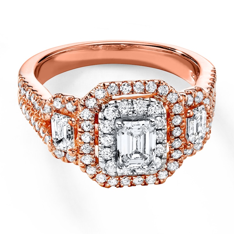 Main Image 4 of Previously Owned Engagement Ring 1-1/2 ct tw Emerald & Round-cut Diamonds 14K Two-Tone Gold Size 3