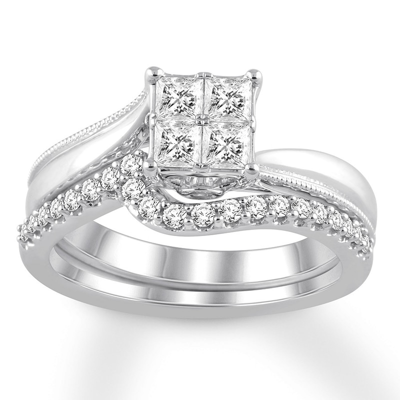 Main Image 1 of Previously Owned Diamond Bridal Set 5/8 ct tw Princess & Round-cut 14K White Gold Size 8