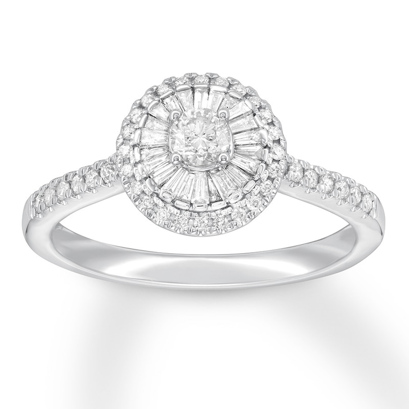 Main Image 1 of Previously Owned Diamond Engagement Ring 1/2 ct tw Round & Baguette 14K White Gold Size 9.75