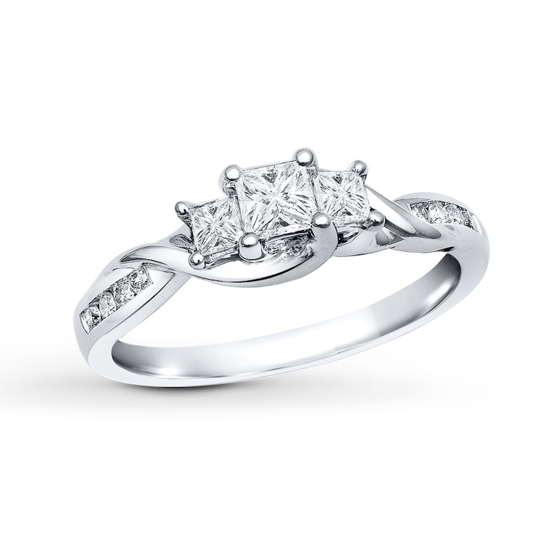 Previously Owned Diamond 3-Stone Engagement Ring 1/2 ct tw Princess & Round-cut 14K White Gold - Size 8.25