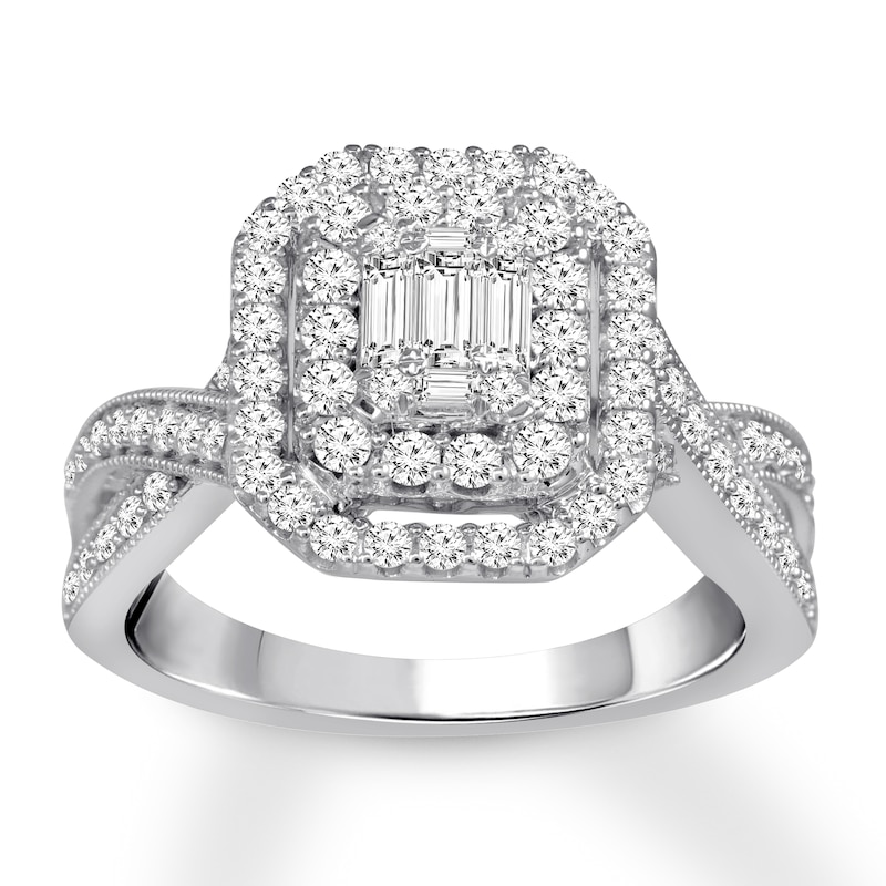 Main Image 1 of Previously Owned Diamond Engagement Ring 1 ct tw Round & Baguette-cut 14K White Gold - Size 10