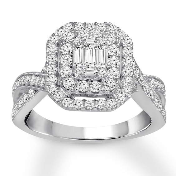 Previously Owned Diamond Engagement Ring 1 ct tw Round & Baguette-cut 14K White Gold Size 9.75