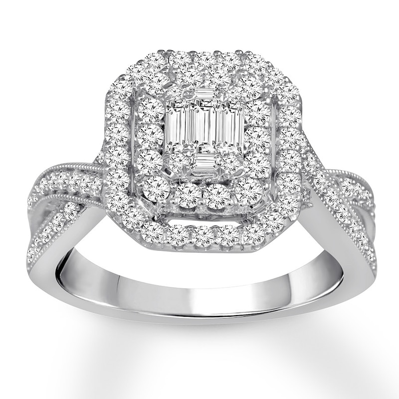 Main Image 1 of Previously Owned Diamond Engagement Ring 1 ct tw Round & Baguette-cut 14K White Gold Size 9.75
